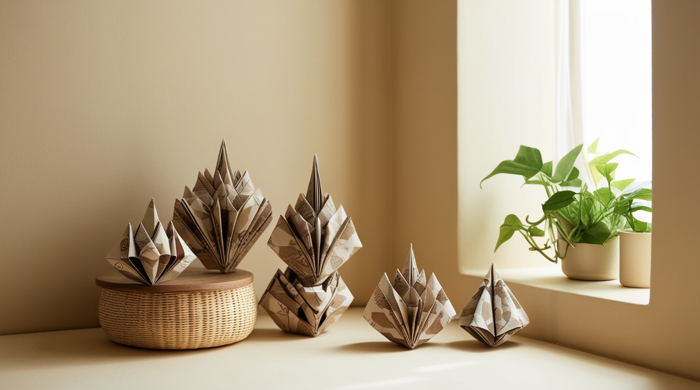 Sustainable origami decor crafted from recycled paper.