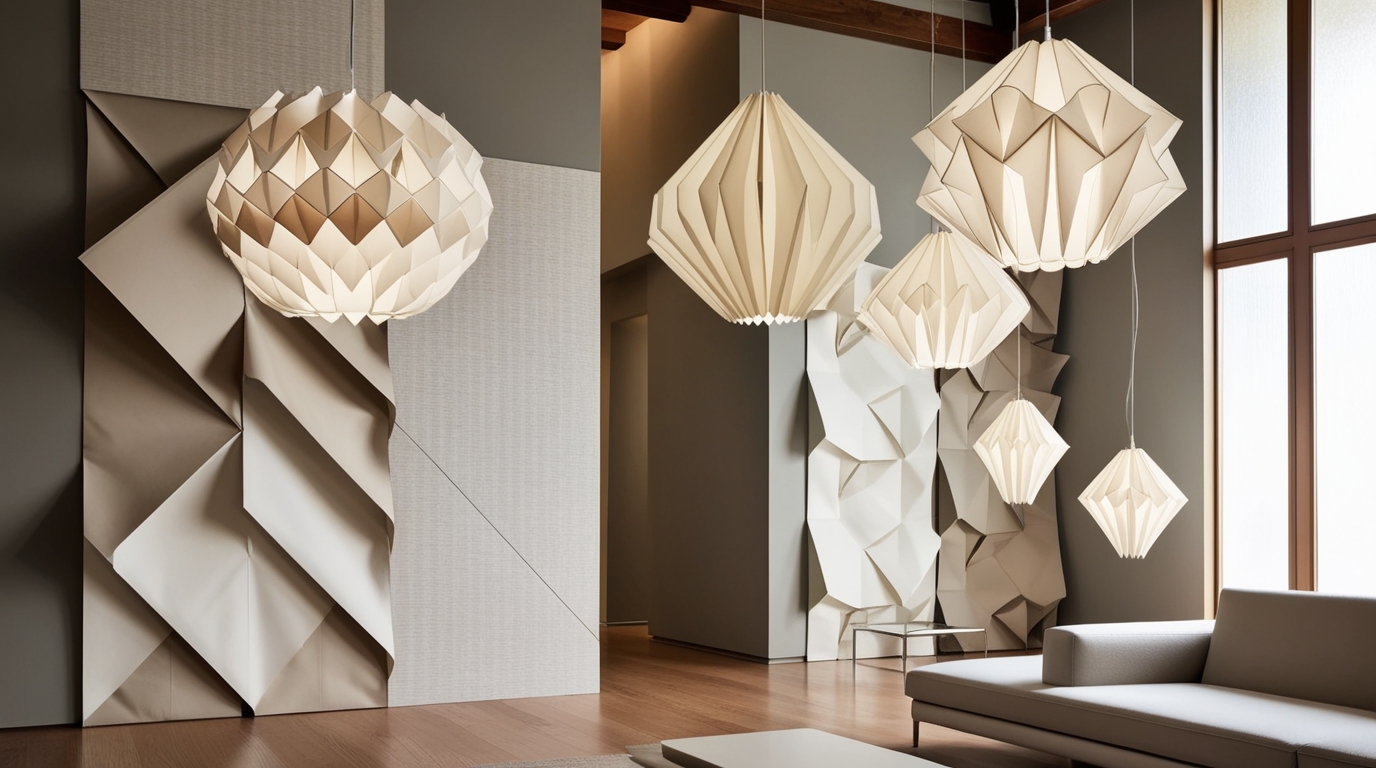 Modern home interior with origami pendant lights and wall art.