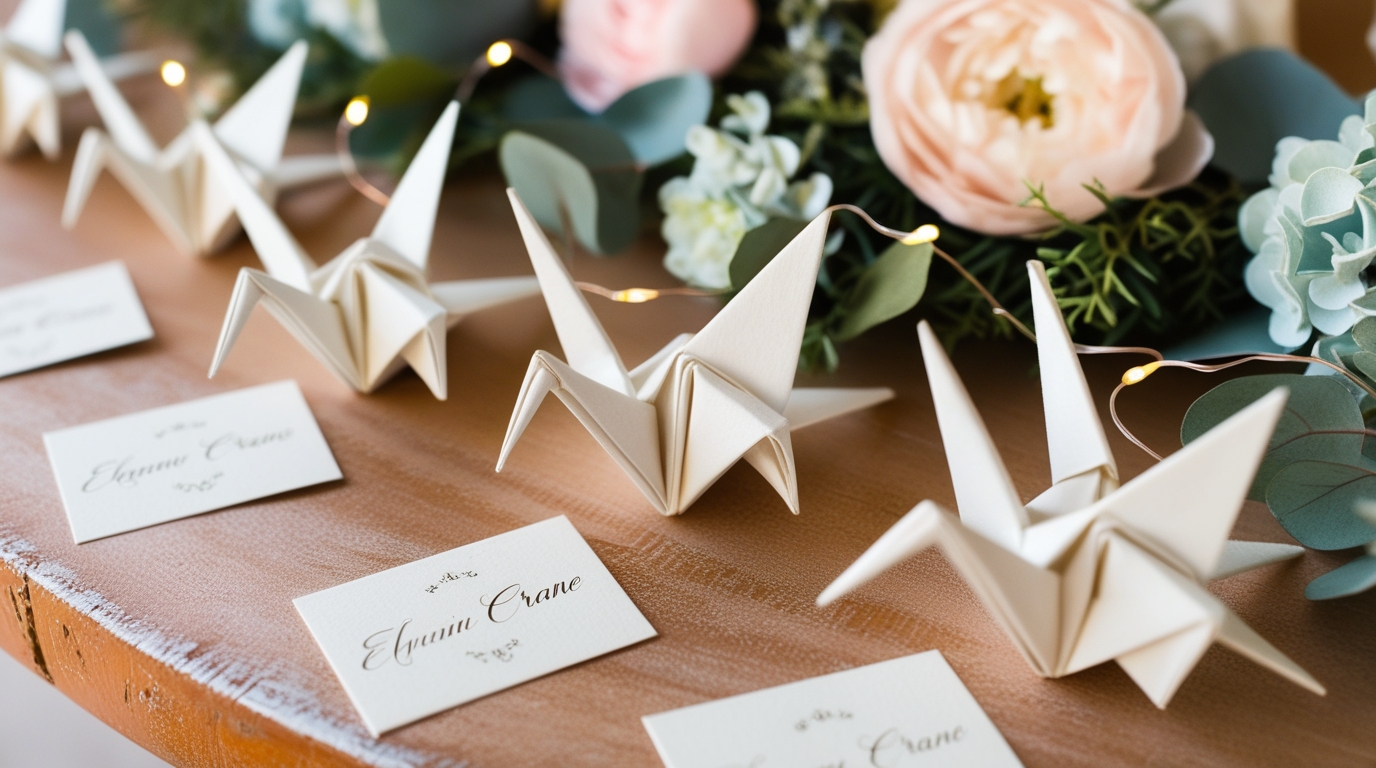 Origami crane wedding return gifts with personalized name tags