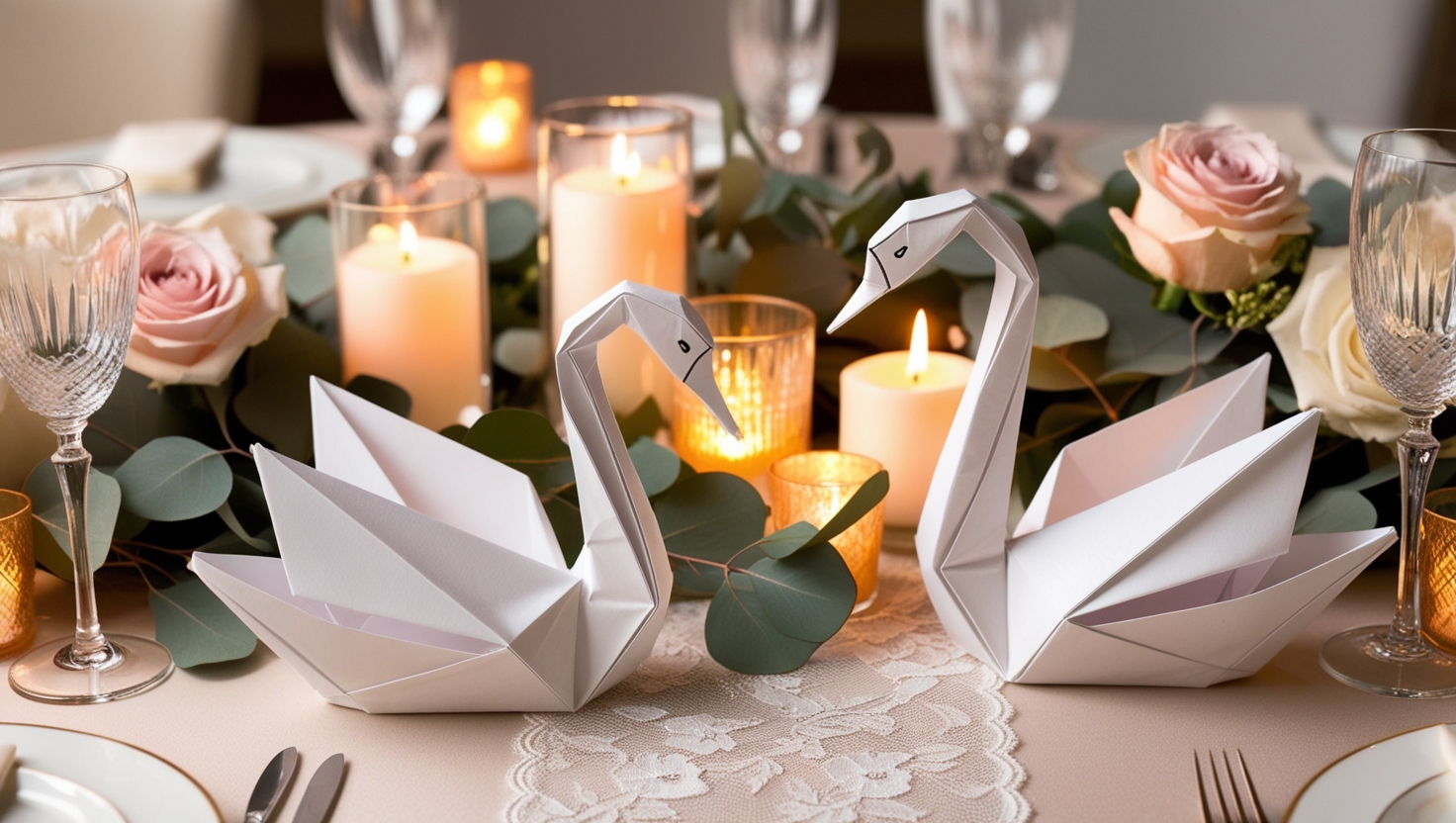 Origami swans used as wedding table décor with candles and flowers