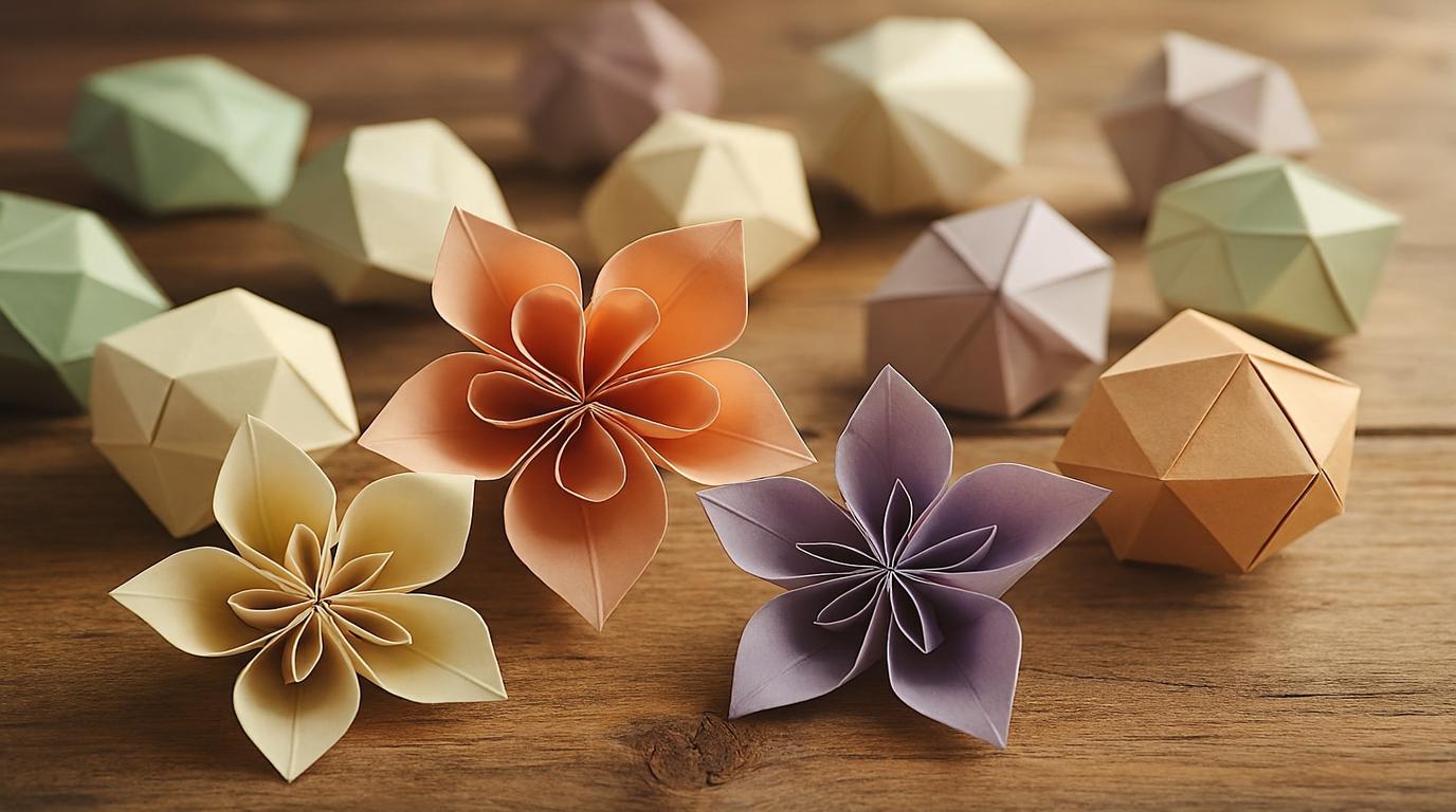 European-style origami with paper flowers and geometric shapes.
