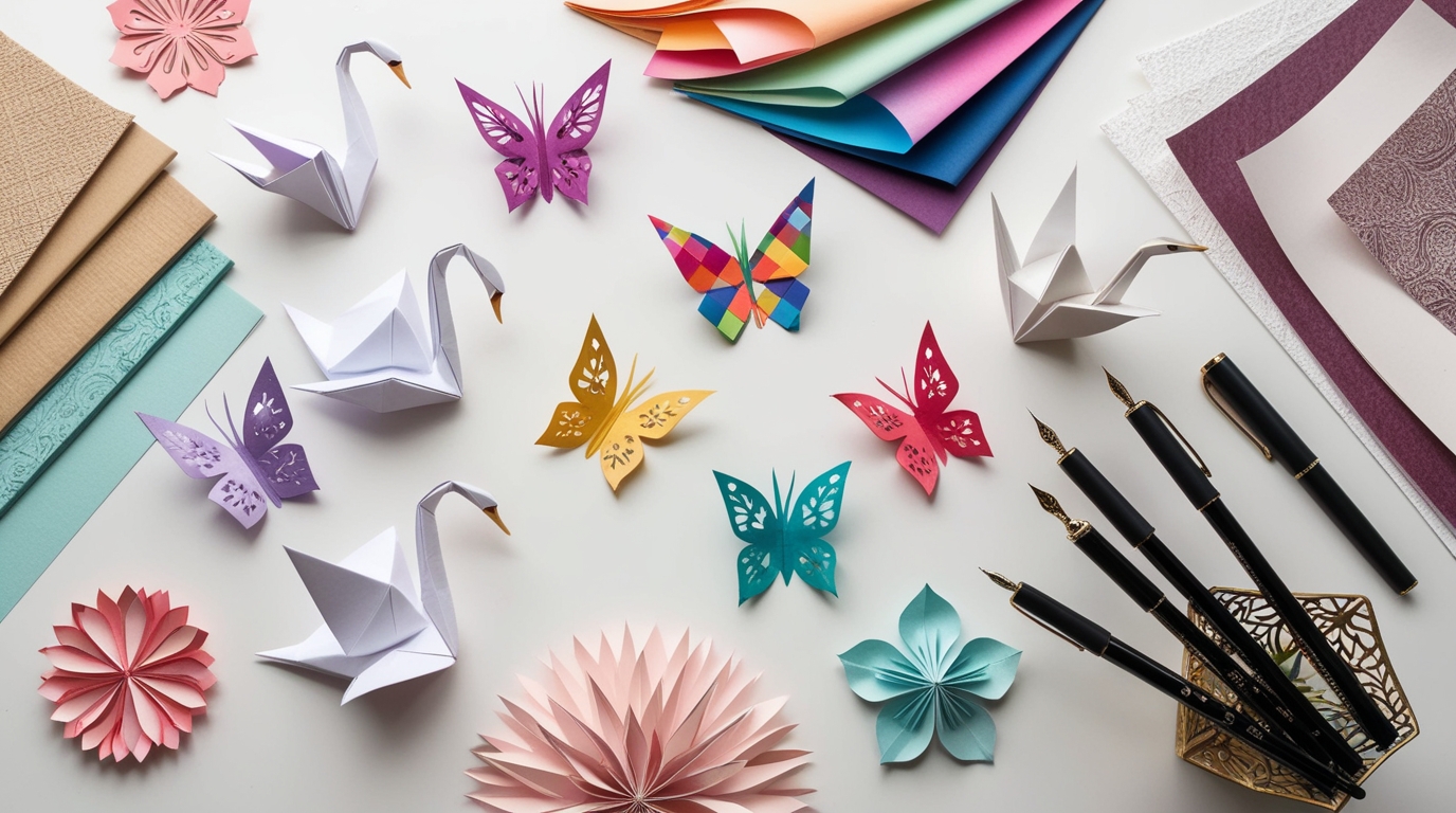 Origami pieces ready for customization with papers, pens, and embellishments