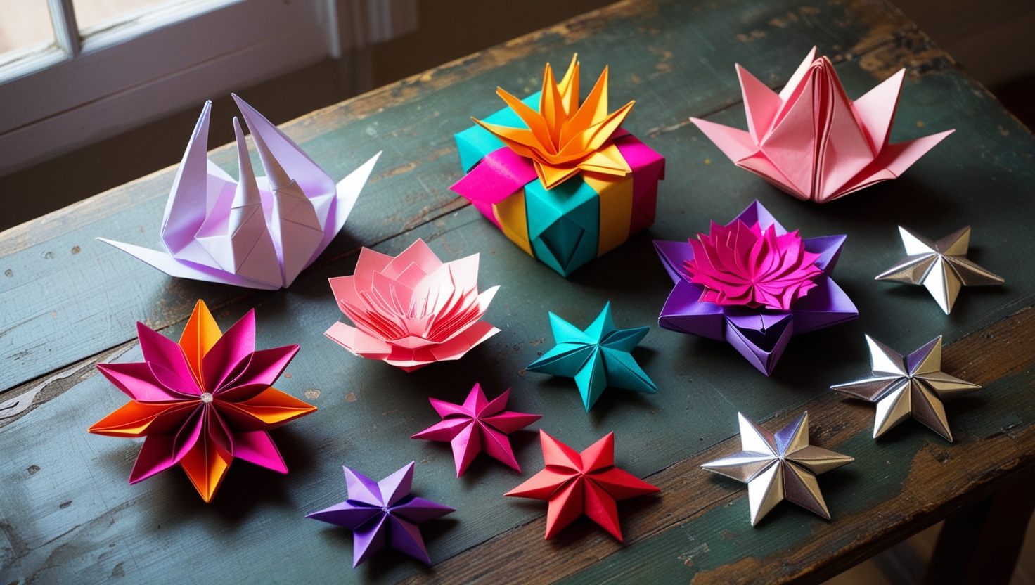 Colorful handmade origami gifts displayed on a wooden table under natural light