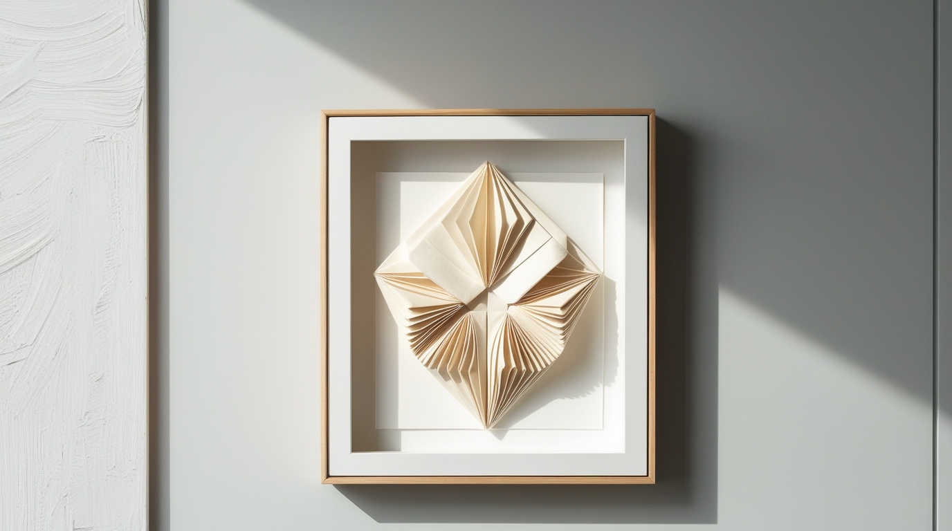 Framed origami art inside a shadow box with white background, minimalist wall setting