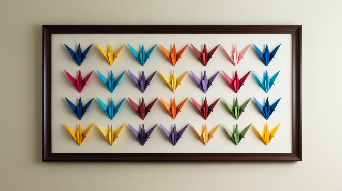 Modern framed origami wall art bringing color and creativity to home decor.