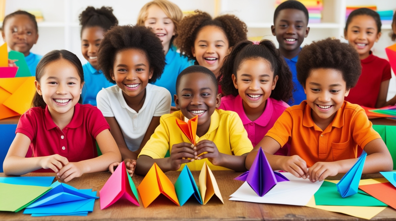 Kids enjoying origami folding activity.