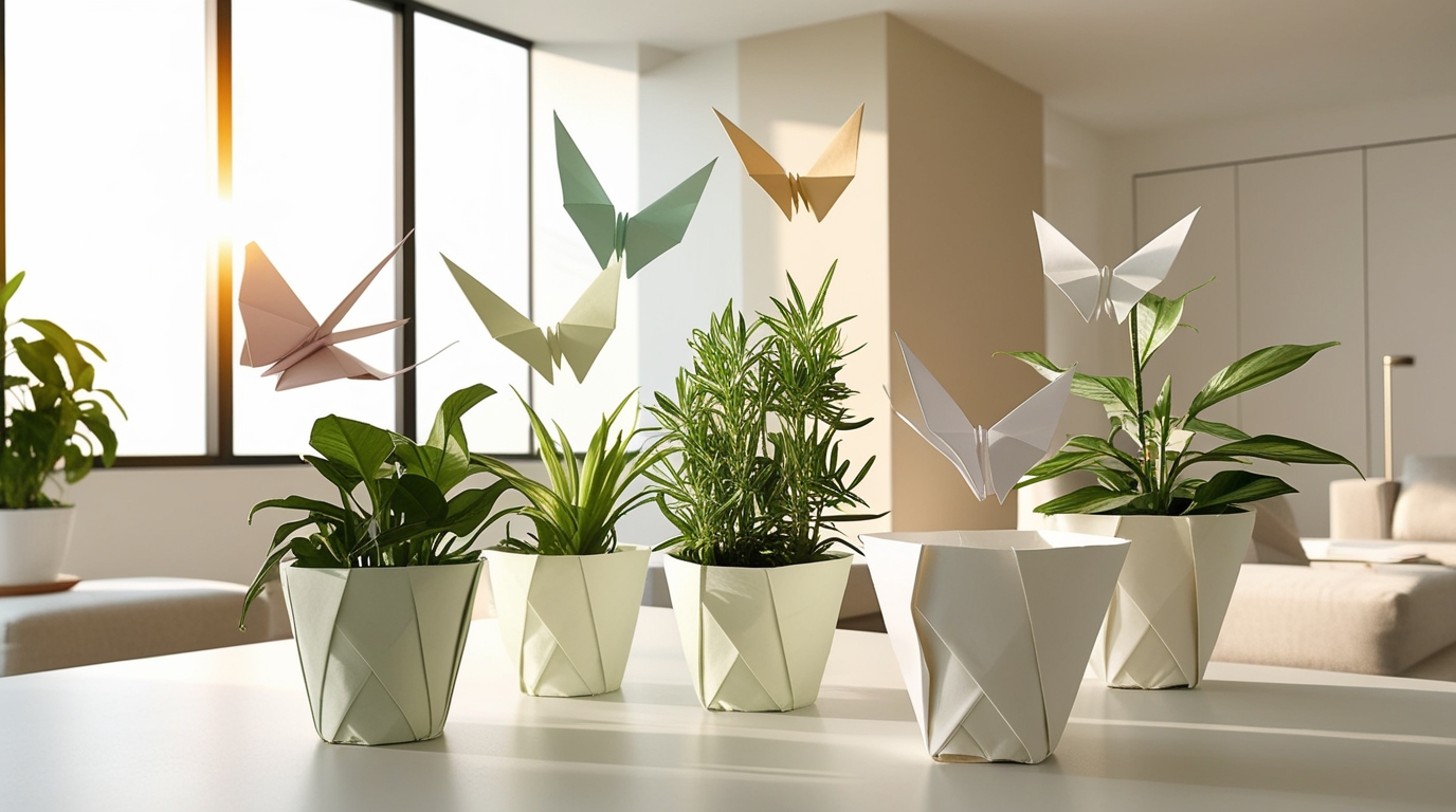 origami planter pots and pastel paper butterflies decorating indoor plants