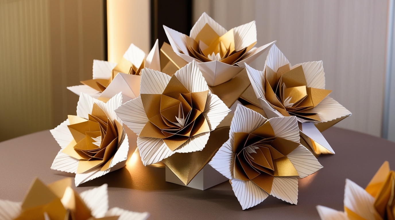 Elegant origami flowers as corporate event decorations in gold and white colors