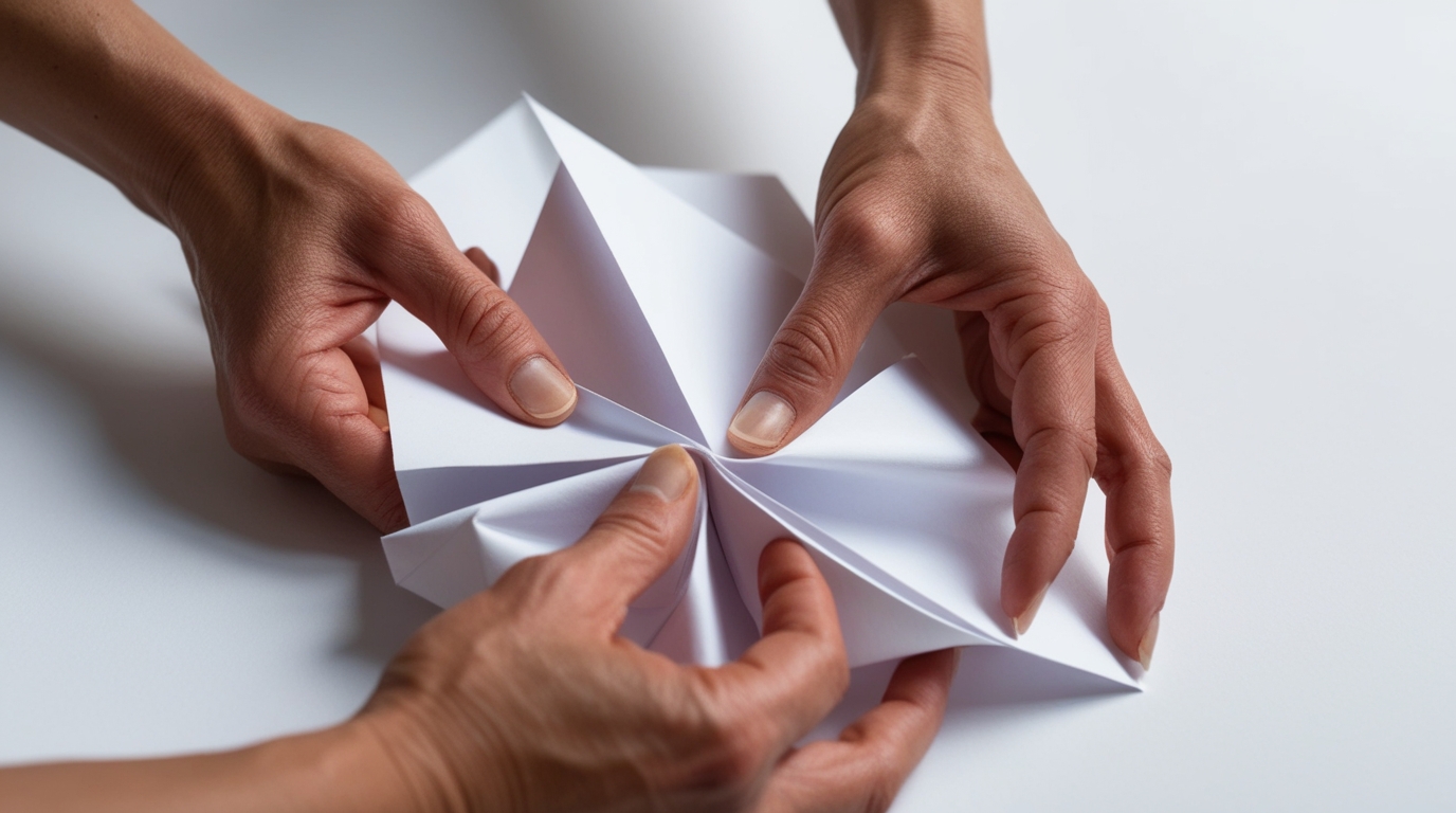 Hands folding paper showing physical balance and pressure in origami creation.