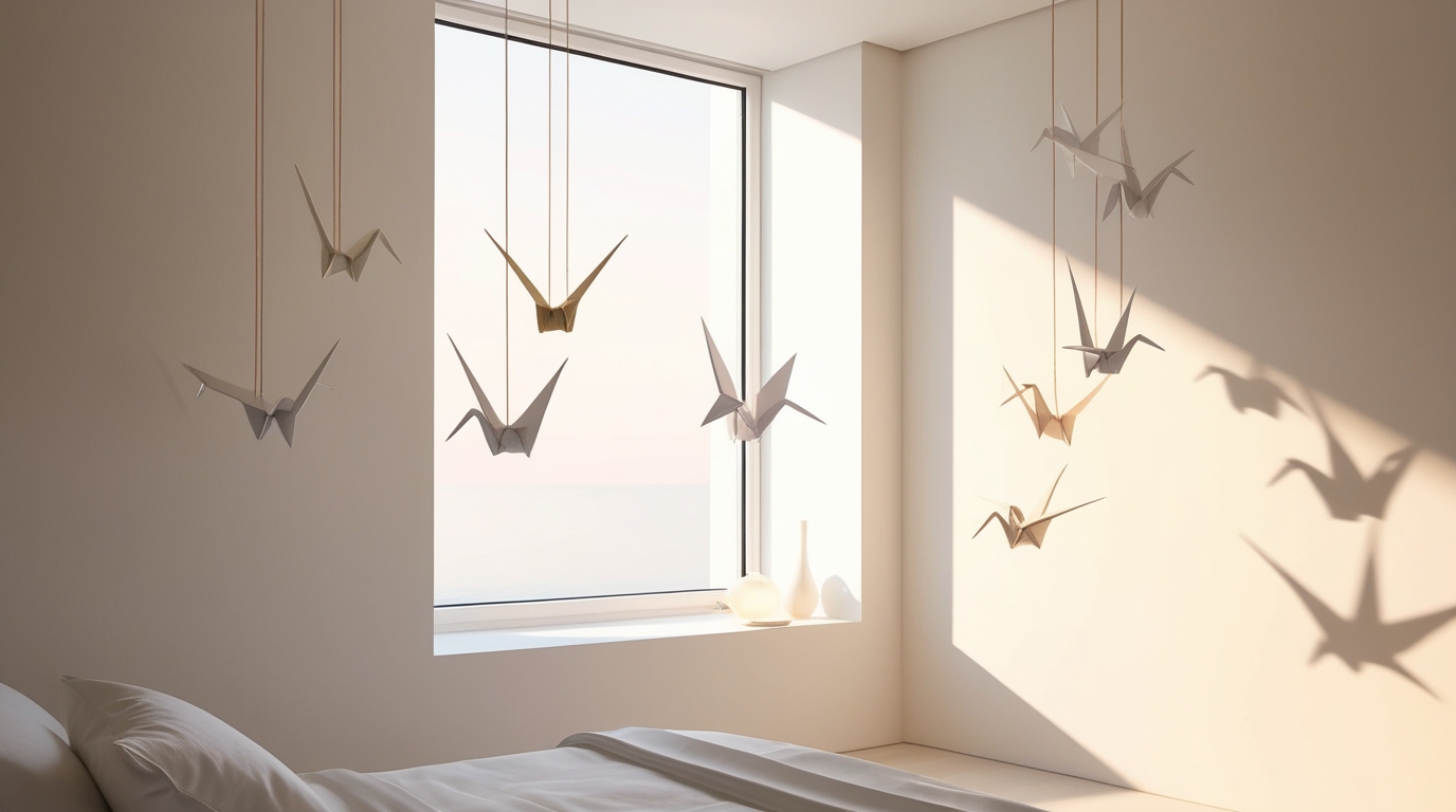 Hanging origami cranes adding elegance to a serene bedroom