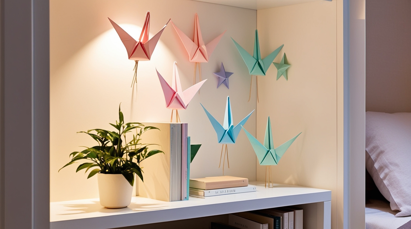 Small bedroom shelf with pastel origami decorations in minimalist style.