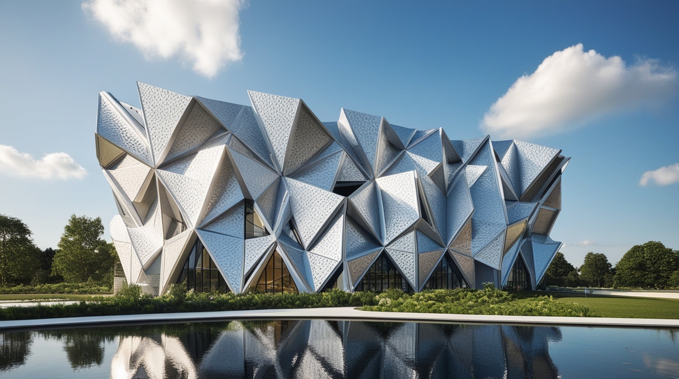 Modern architecture with origami-inspired façade design.