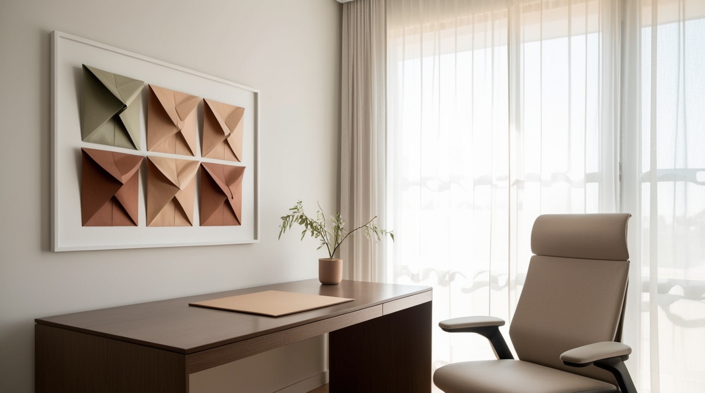 Origami art framed above a modern home office desk