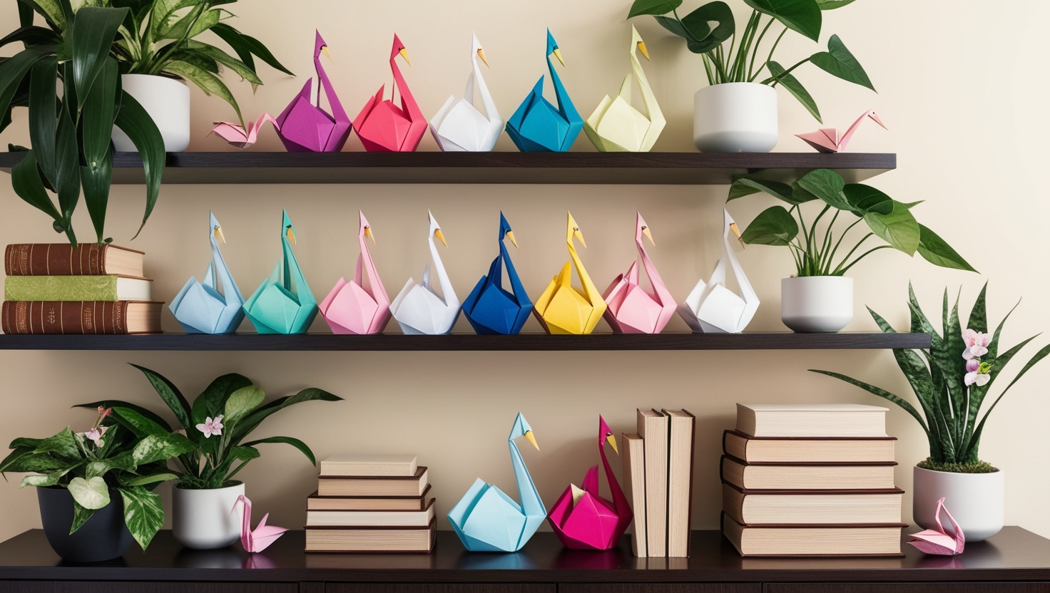 Colorful origami swans and cranes displayed on a modern living room shelf with plants and books for stylish home decor
