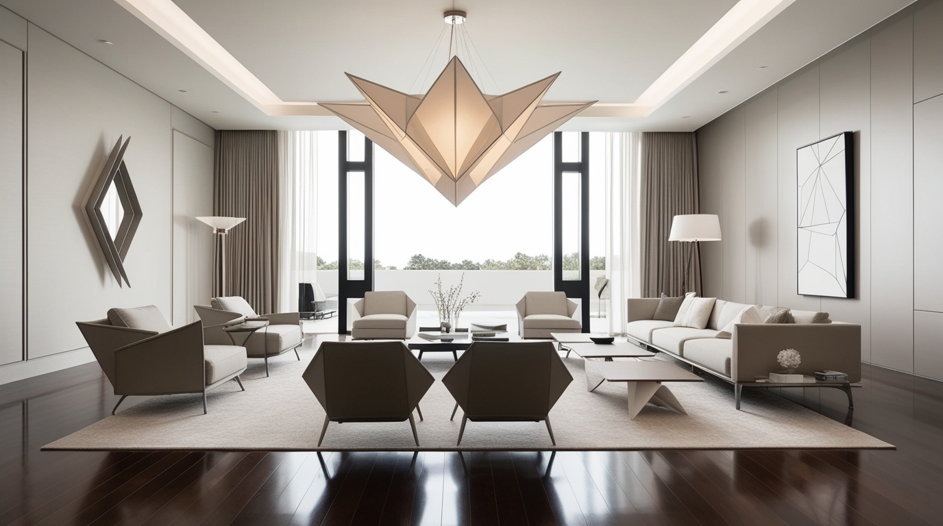 Interior design featuring origami-style lamps and furniture.