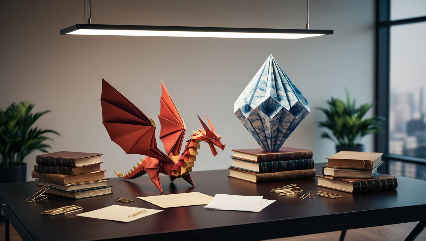 Origami dragon and geometric sculpture displayed on a modern office desk as creative décor