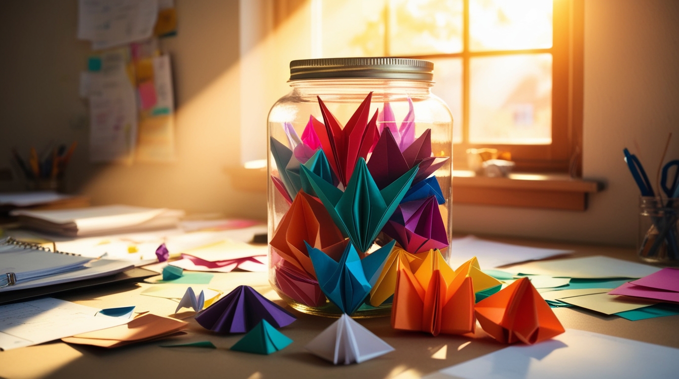 Colorful origami jar on office desk for relaxation and mindfulness.