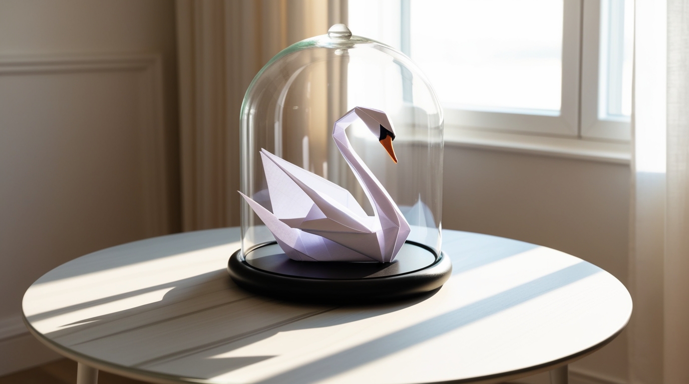 Origami swan under a glass dome on a modern wooden table with sunlight filtering through a window