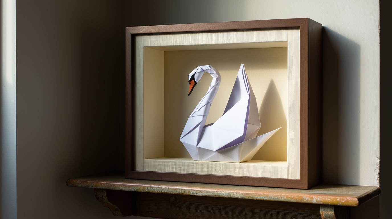 Origami swan preserved in a shadow box frame