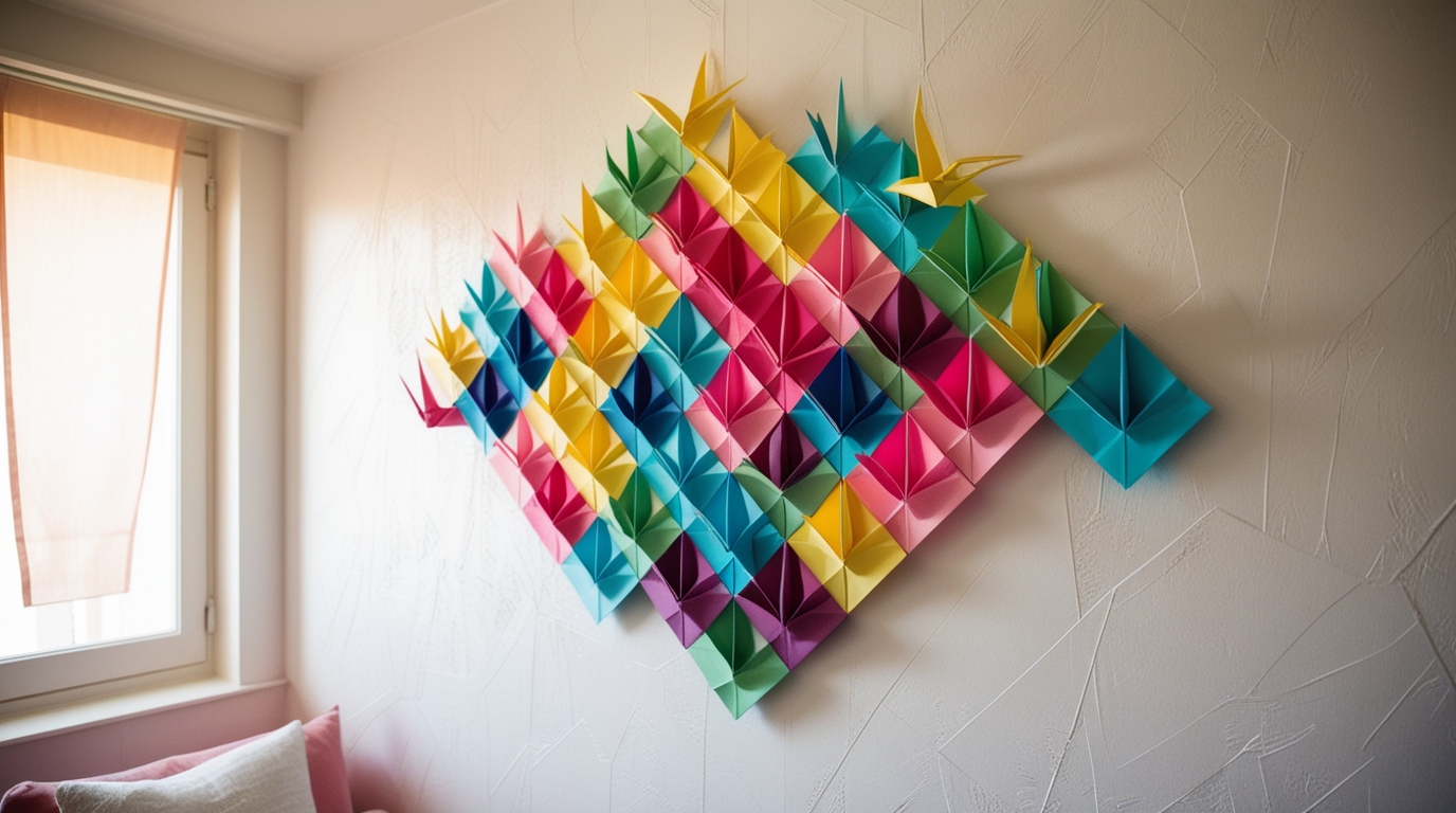 Colorful origami cranes arranged as wall art in a small modern apartment.