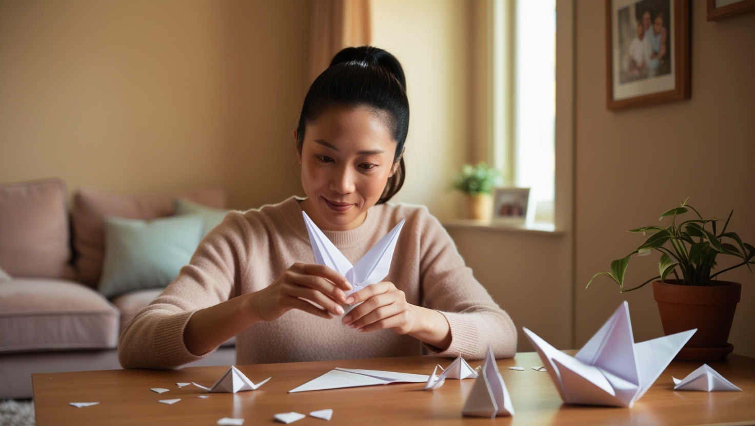 Person folding origami paper with care and attention to detail