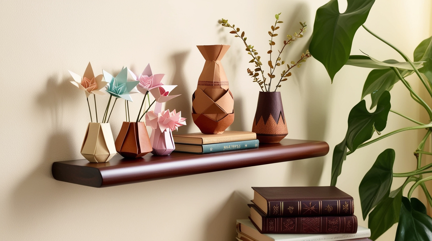 Floating shelf with origami flowers and vases in a small cozy room.