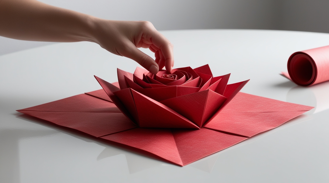 DIY origami rose tutorial showing the folding process.