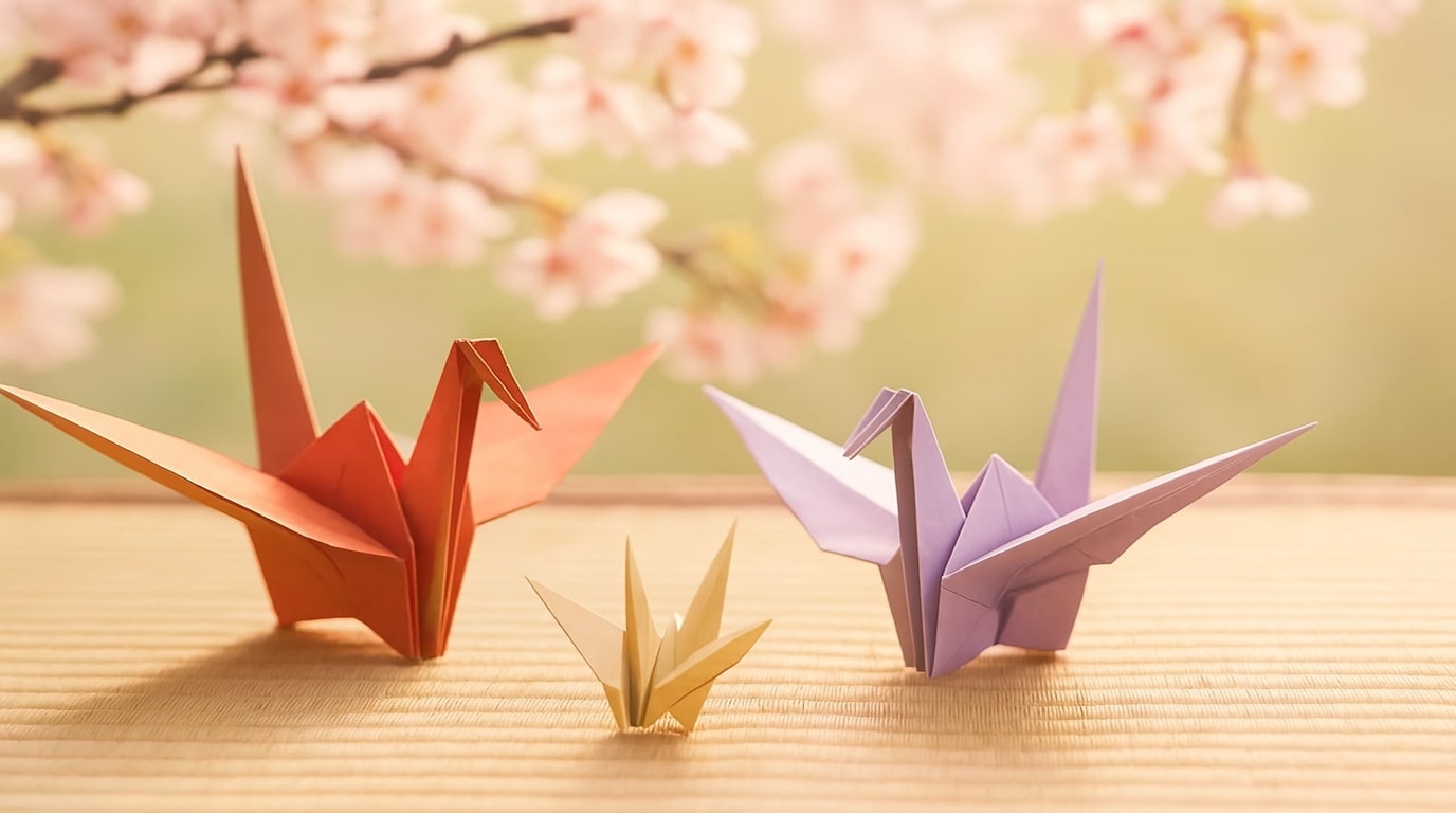 Traditional Japanese origami cranes symbolizing peace and harmony.
