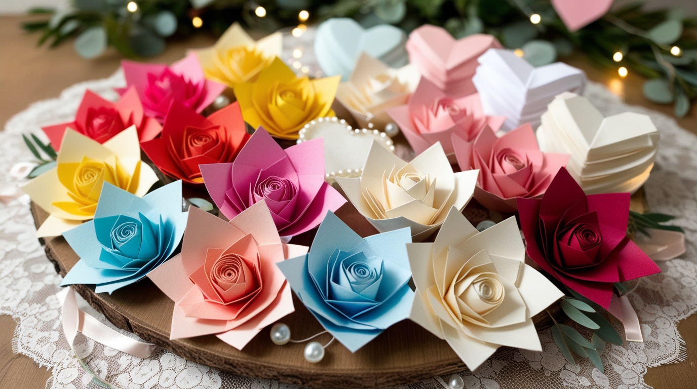 Customized origami flowers and heart-shaped paper favors for weddings