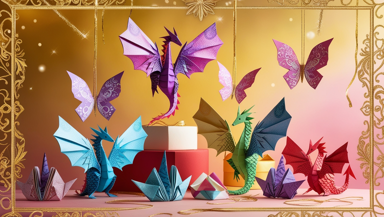 Origami dragons and butterflies on a festive background