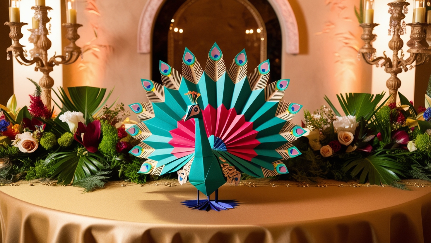 Origami peacock centerpiece displayed on a decorated table