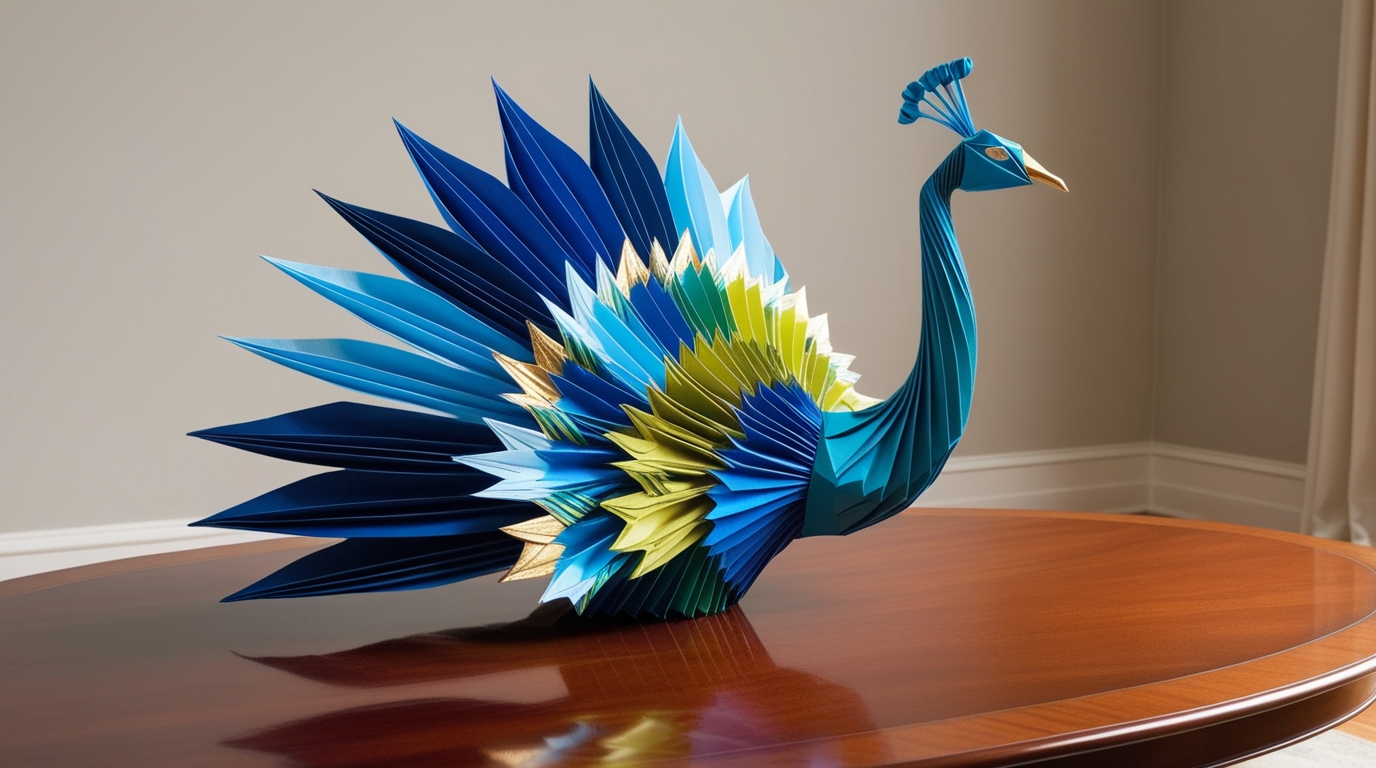 Colorful origami peacock symbolizing prosperity and beauty in home decor.
