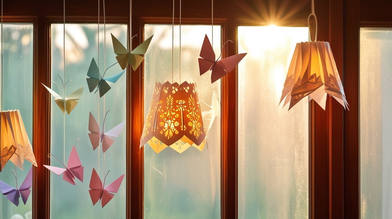 Origami butterflies and paper lampshades hanging near a window in a small bright room.