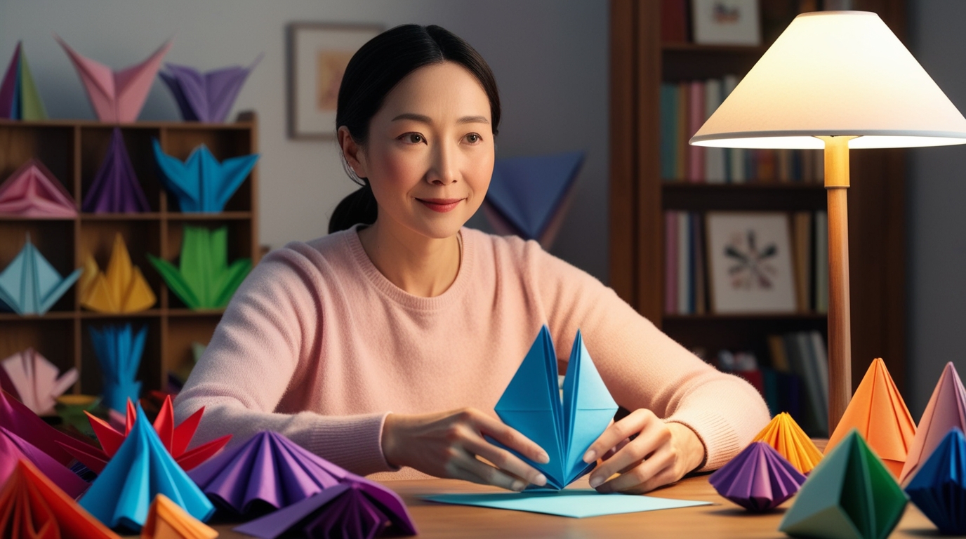 Woman enjoying origami as mindfulness therapy.