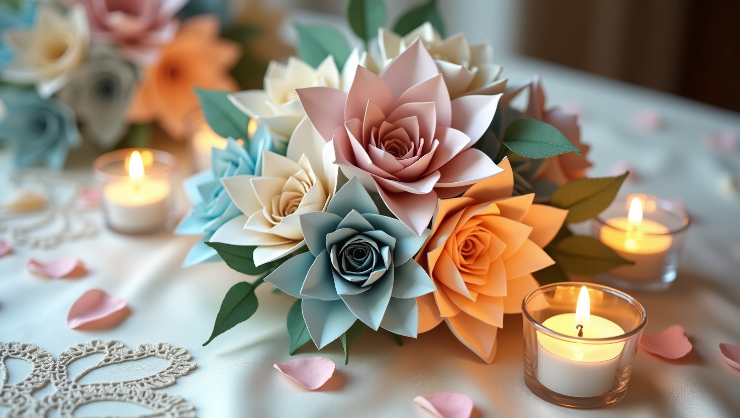 a delicate origami wedding centerpiece adorns a lavis