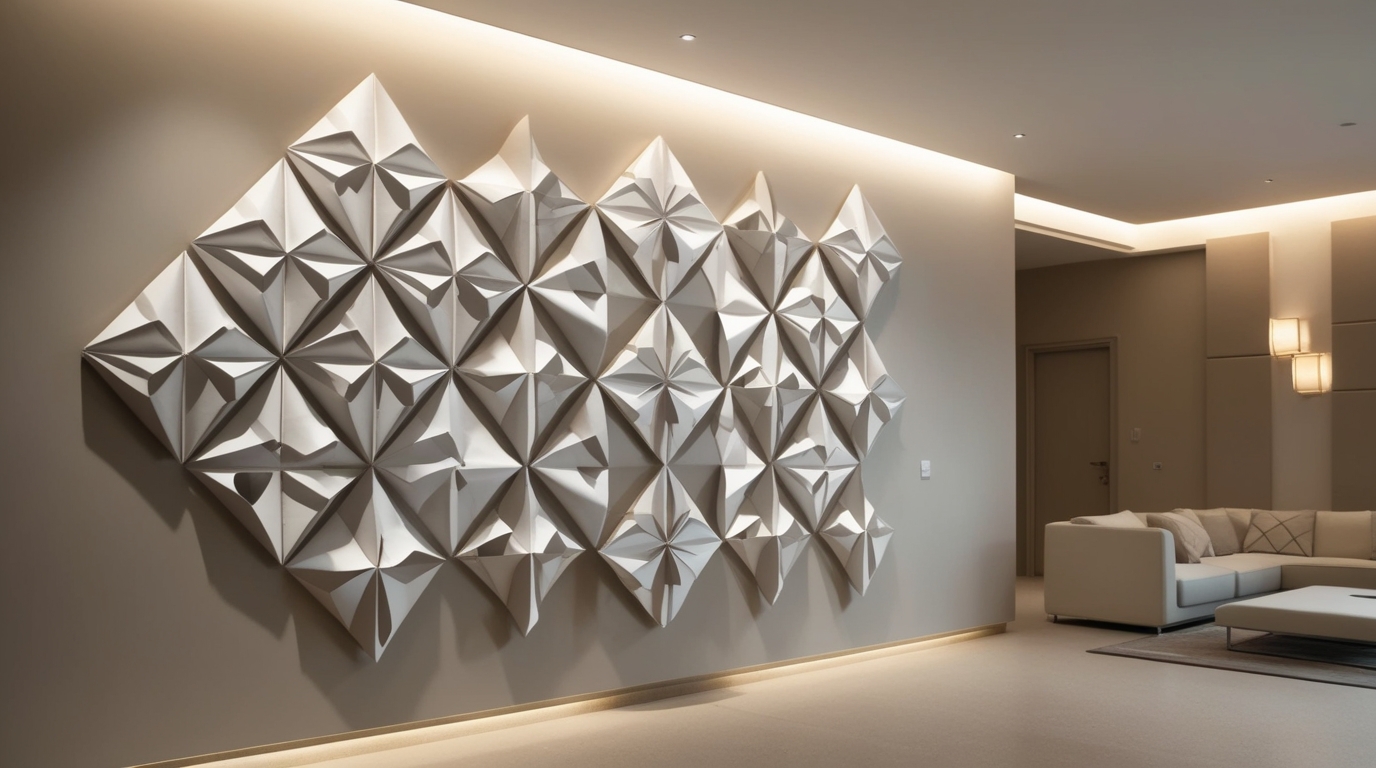 origami wall art installation featuring geometric panels in a modern interior