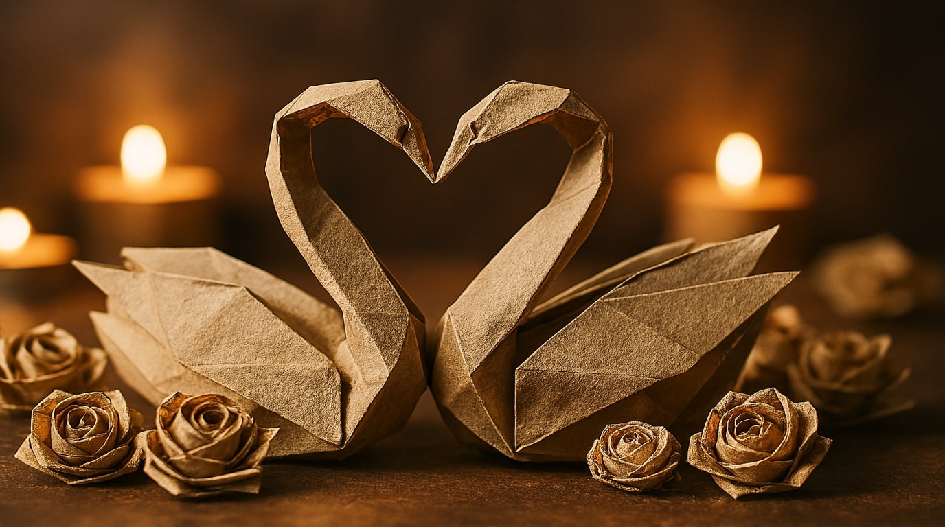 Origami swans symbolizing everlasting love surrounded by roses