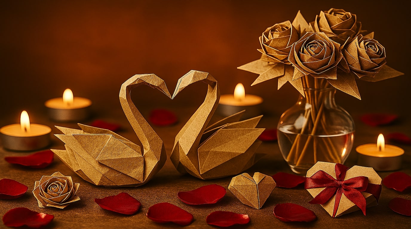 Romantic origami gift display with swans, roses, and candles