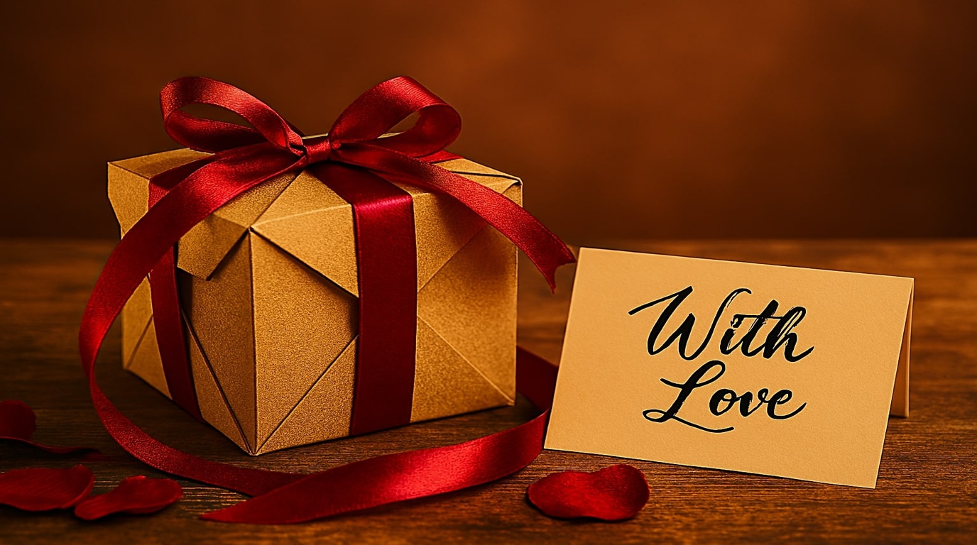 Beautifully wrapped origami anniversary gift box with ribbon and card