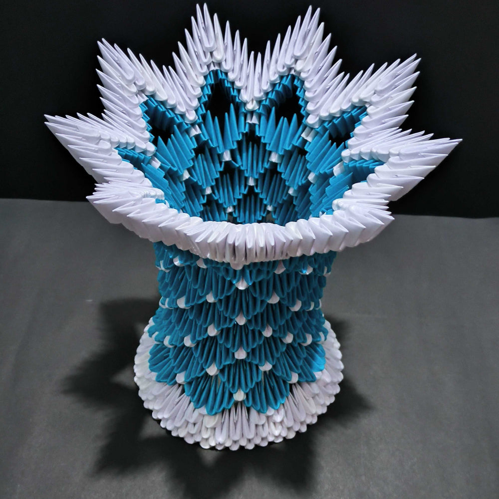 Intricate 3D Origami Flower Pot – Handcrafted in Blue, and White