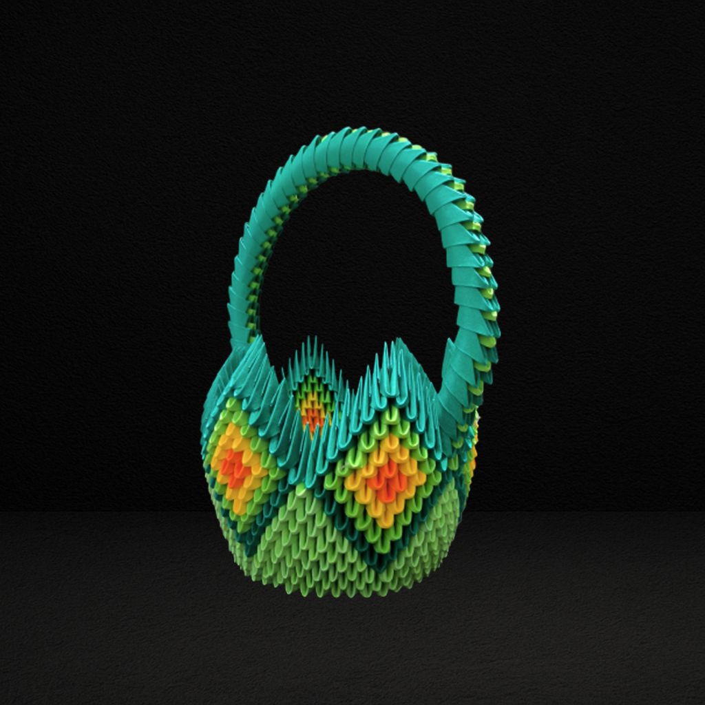 Tropical Diamond 3D Origami Basket with Handle – Handcrafted Decorative Paper Art