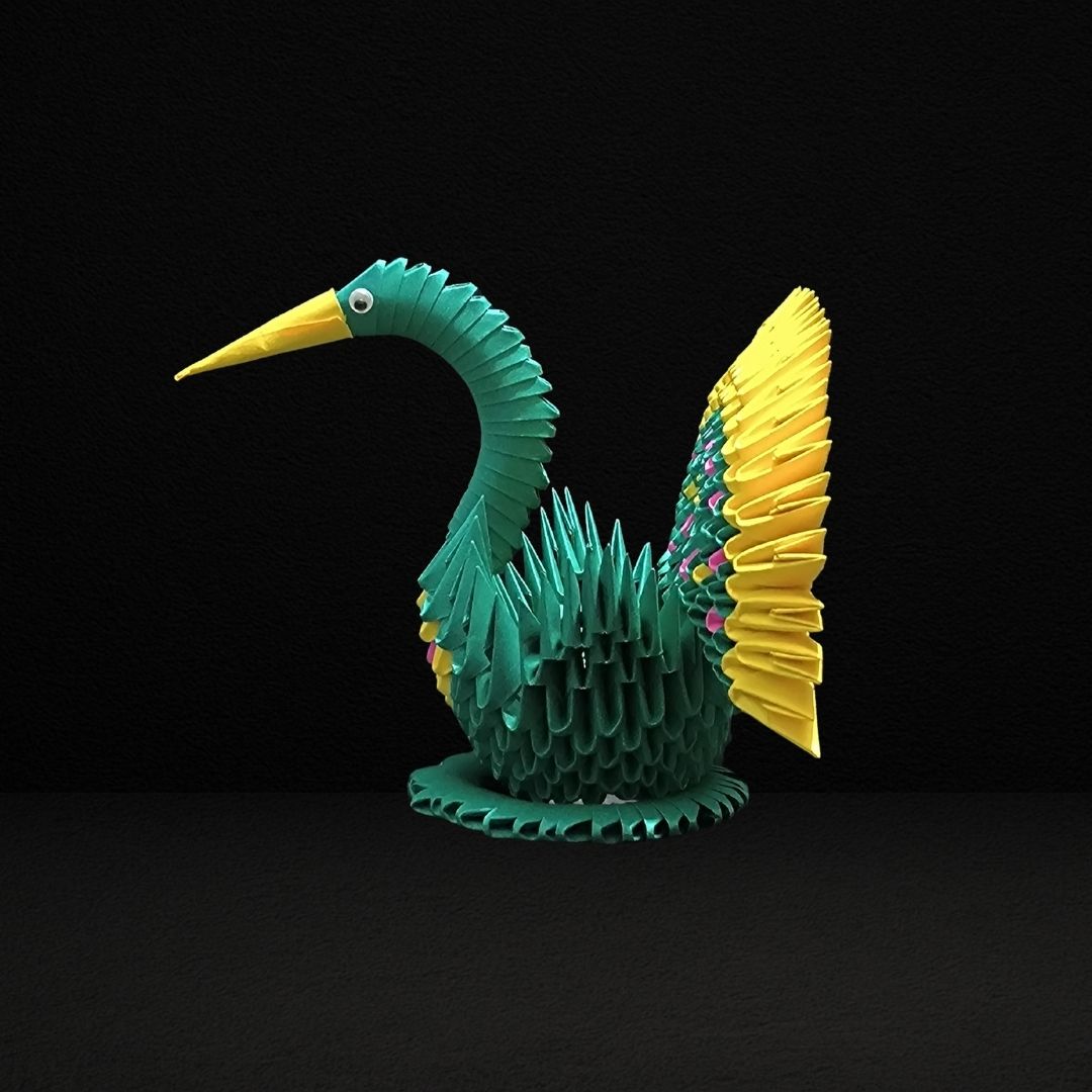Green & Yellow 3D Origami Peacock – Handmade Modular Paper Art
