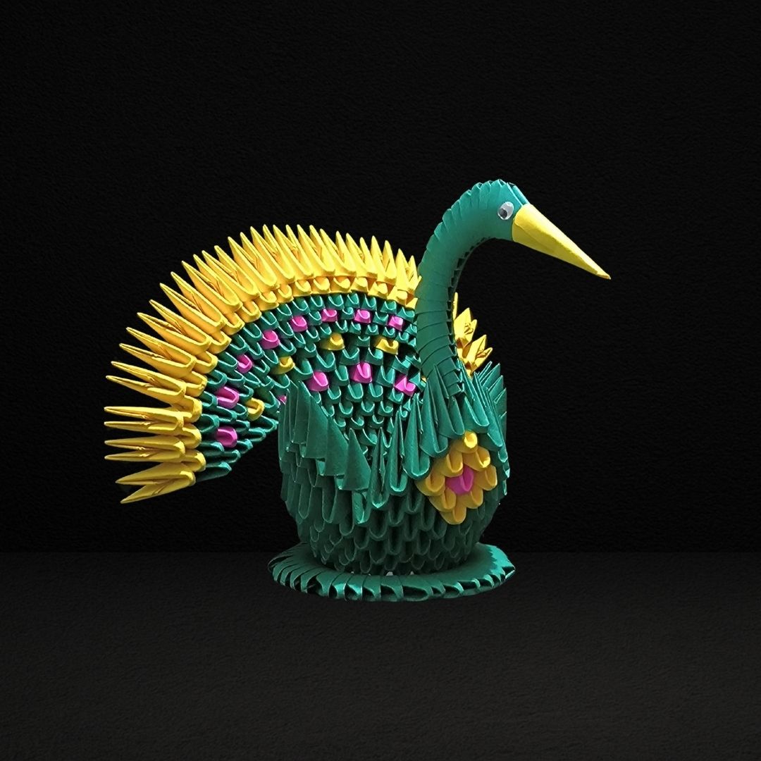 Green & Yellow 3D Origami Peacock – Handmade Modular Paper Art