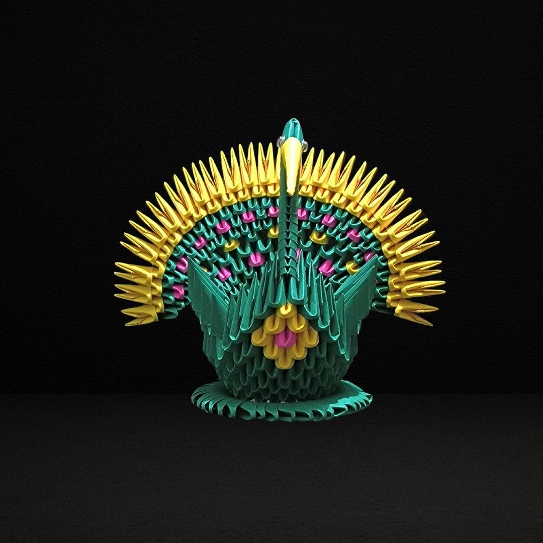 Green & Yellow 3D Origami Peacock – Handmade Modular Paper Art