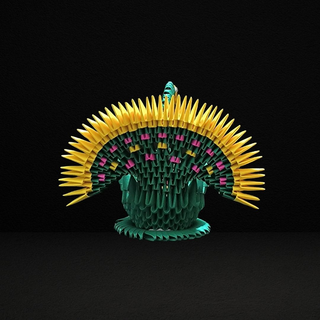 Green & Yellow 3D Origami Peacock – Handmade Modular Paper Art