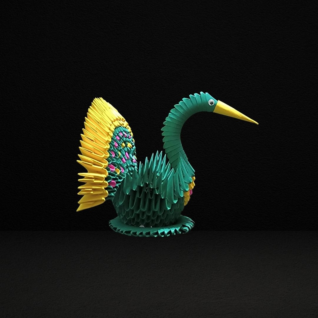 Green & Yellow 3D Origami Peacock – Handmade Modular Paper Art