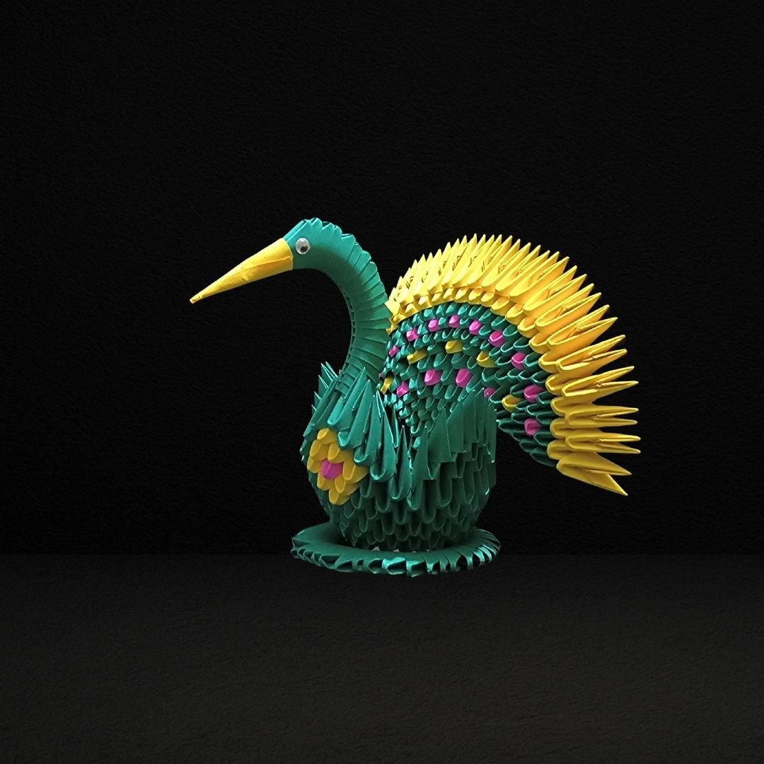Green & Yellow 3D Origami Peacock – Handmade Modular Paper Art