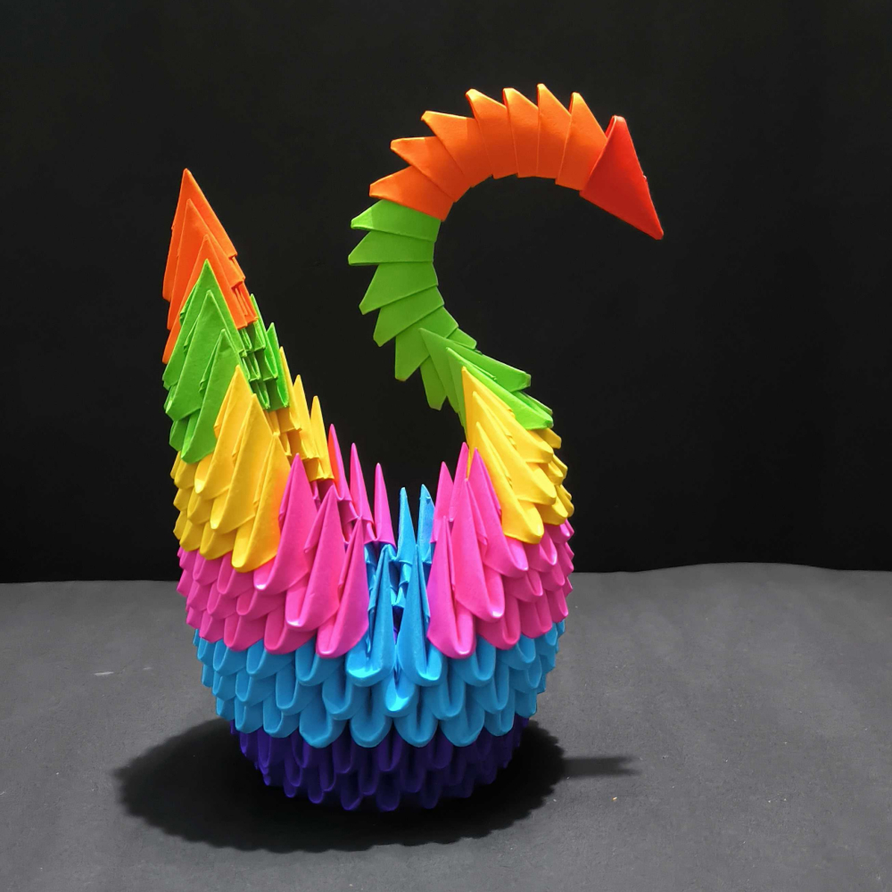 Vibrant 3D Origami Rainbow Swan – Handcrafted Decorative Art Piece