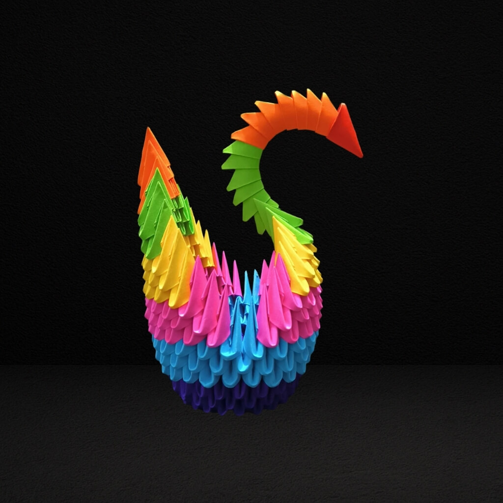 Vibrant 3D Origami Rainbow Swan – Handcrafted Decorative Art Piece