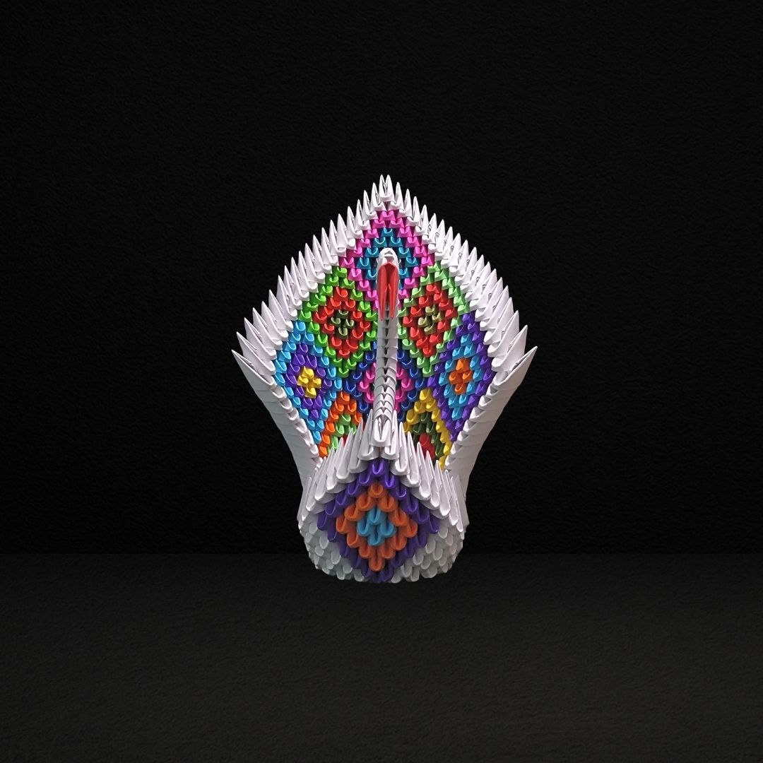 Rainbow Feather 3D Origami Swan – Handmade Multicolor Paper Sculpture

